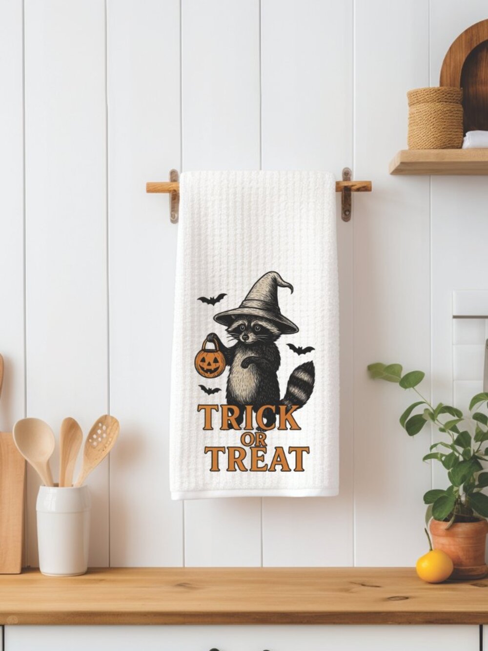 Trick or Treat Raccoon Halloween Decorative Kitchen Tea Towel